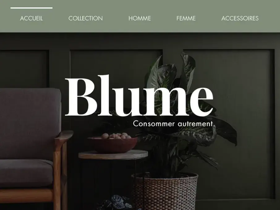 Page d'accueil du site e-commerce de Blume, produits écoresponsables à Aix-les-Bains