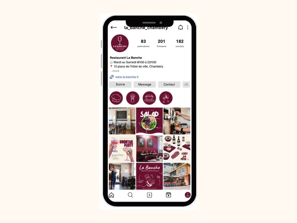 Compte Instagram de La Banche, restaurant à Chambéry, affiché sur un téléphone